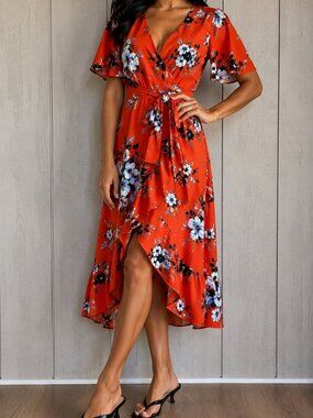 Monteau Style Long Ruffled Split Front Wrap Dress Red Orange Floral Size Medium